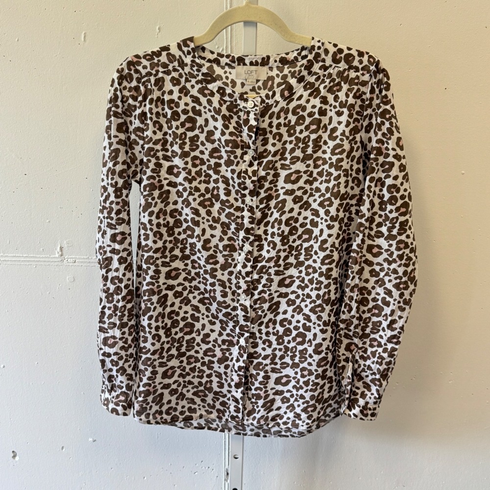 Loft Outlet Leopard Animal Print Cotton Button Down Blouse Brown Pink XS 496796